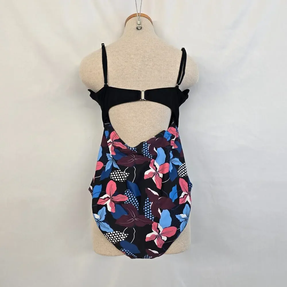 Cupshe One Piece Knotted Front Swimsuit Women's XXL Black Floral Scalloped NWOT